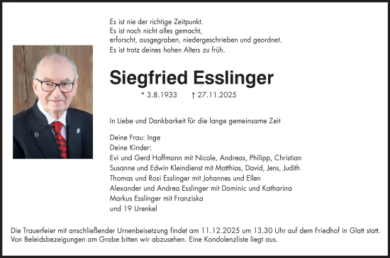 Traueranzeige von Siegfried Esslinger von Neckar-Chronik