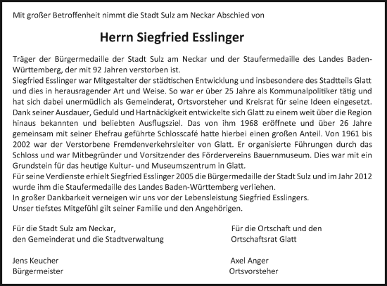 Traueranzeige von Siegfried Esslinger von Neckar-Chronik