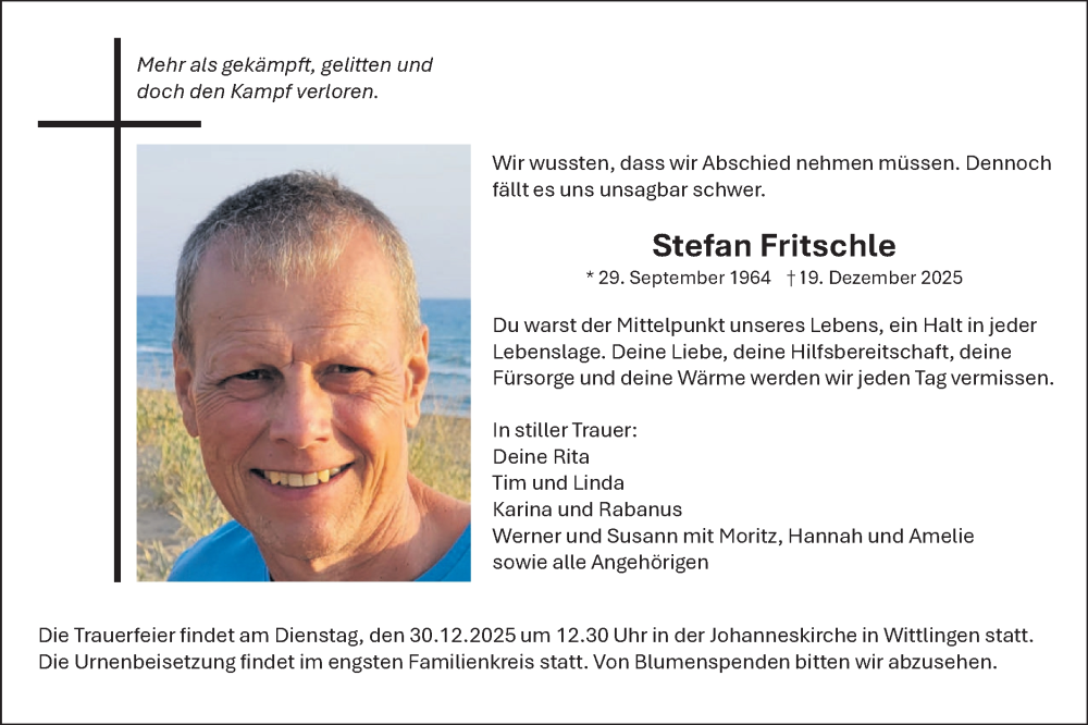  Traueranzeige für Stefan Fritschle vom 23.12.2025 aus Alb-Bote/Metzinger-Uracher Volksblatt