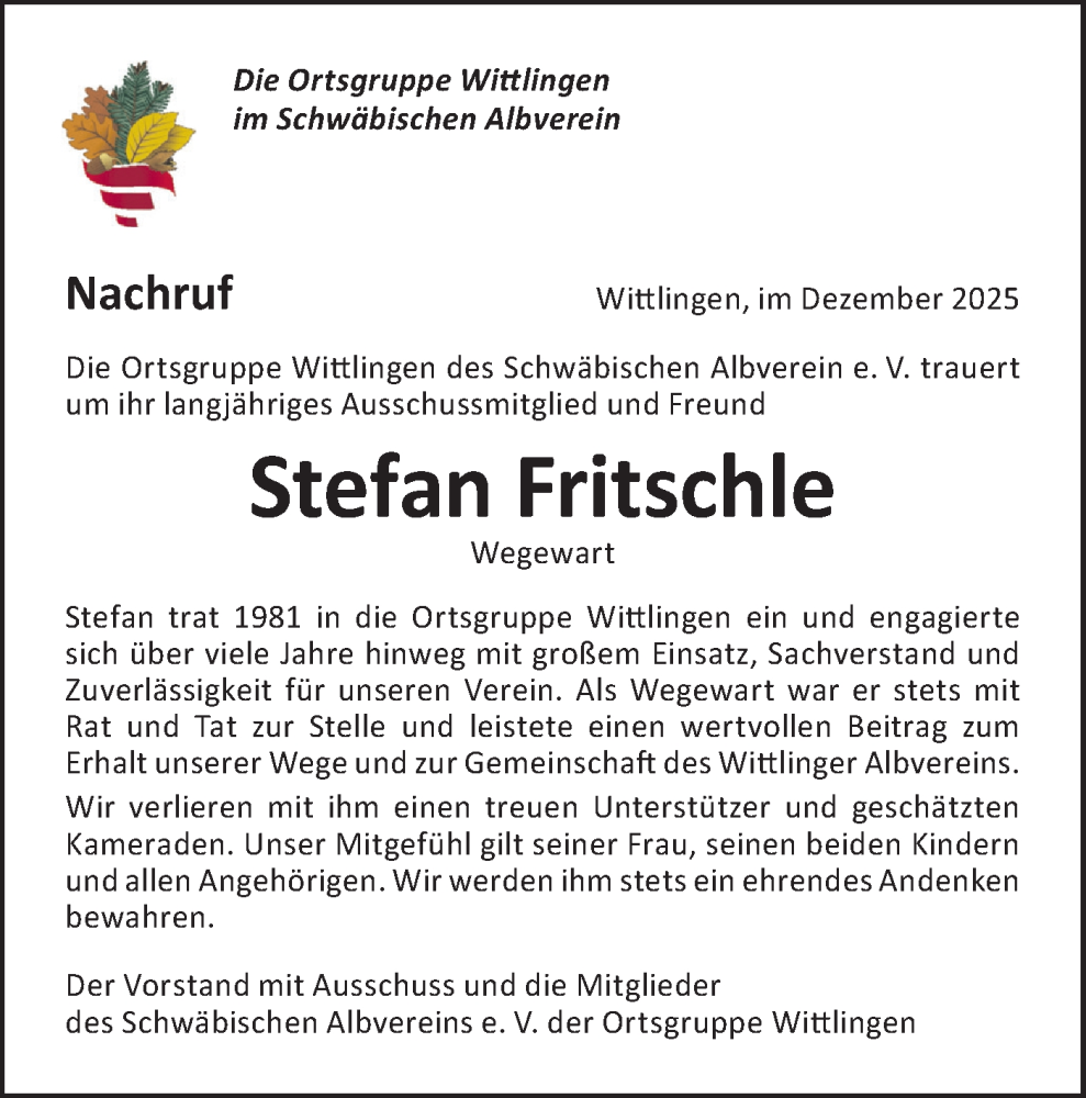  Traueranzeige für Stefan Fritschle vom 30.12.2025 aus Alb-Bote/Metzinger-Uracher Volksblatt