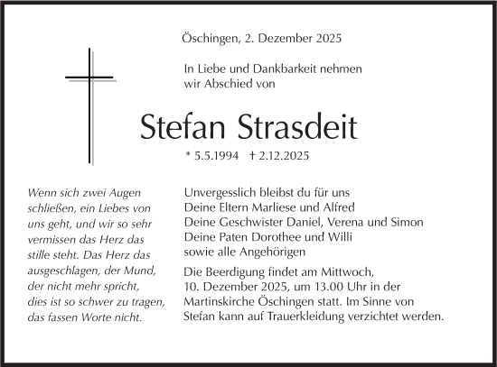 Traueranzeige von Stefan Strasdeit von Schwäbische Tagblatt