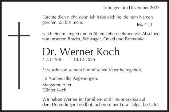 Traueranzeige von Werner Koch von Schwäbische Tagblatt