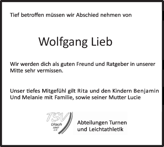 Traueranzeige von Wolfgang Lieb von Alb-Bote/Metzinger-Uracher Volksblatt
