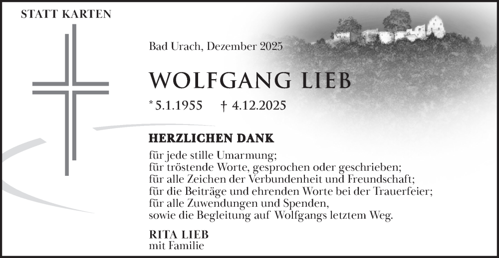  Traueranzeige für Wolfgang Lieb vom 27.12.2025 aus Alb-Bote/Metzinger-Uracher Volksblatt