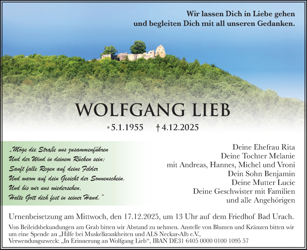  Traueranzeige für Wolfgang Lieb vom 13.12.2025 aus Alb-Bote/Metzinger-Uracher Volksblatt
