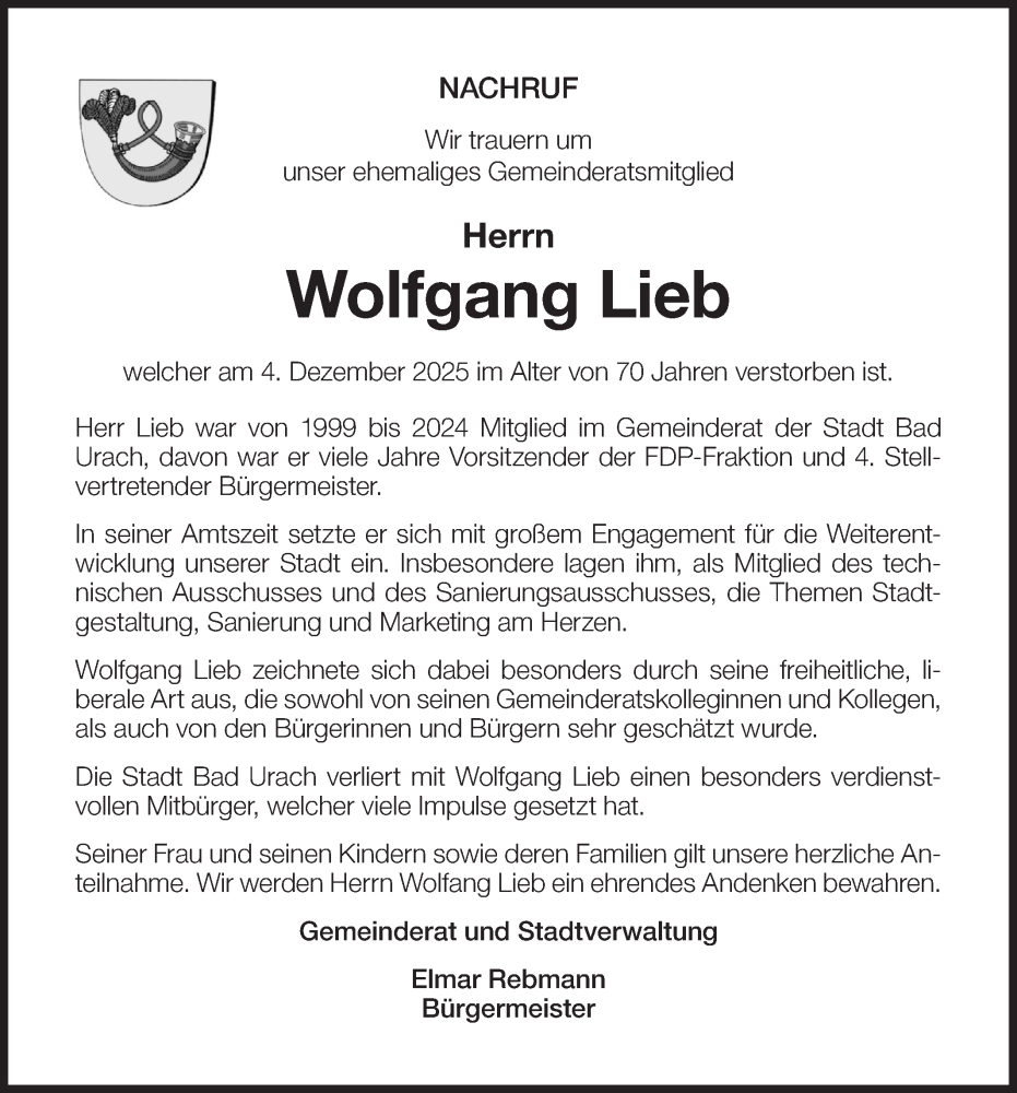  Traueranzeige für Wolfgang Lieb vom 13.12.2025 aus Alb-Bote/Metzinger-Uracher Volksblatt