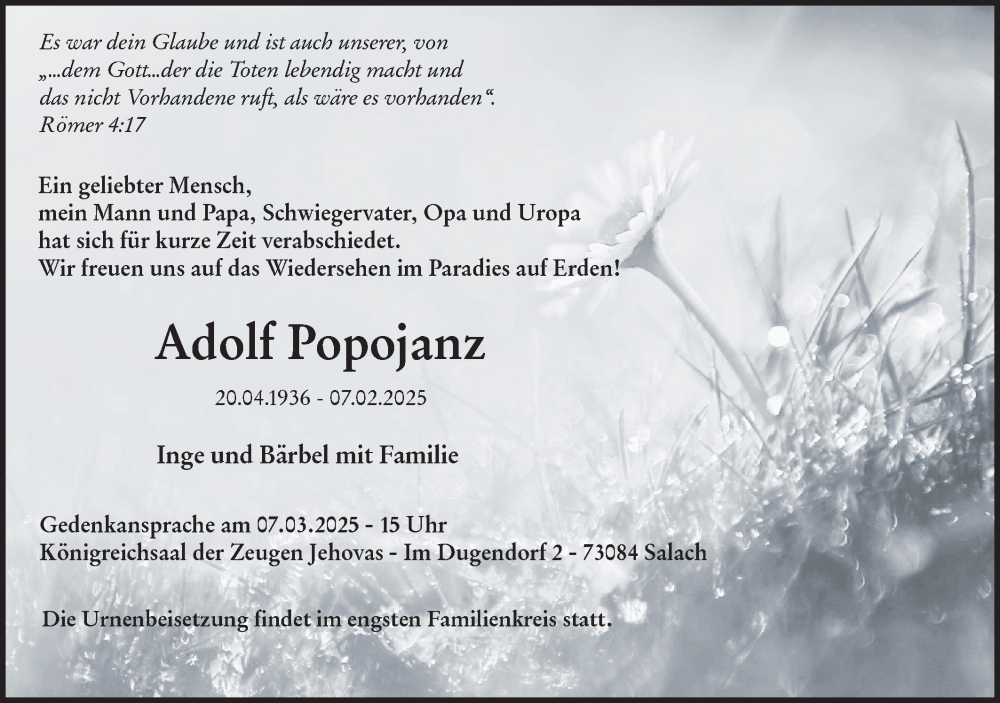  Traueranzeige für Adolf Popojanz vom 15.02.2025 aus NWZ Neue Württembergische Zeitung