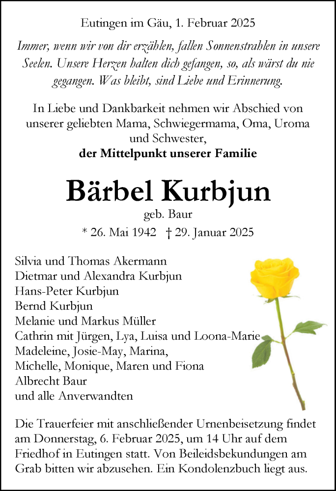  Traueranzeige für Bärbel Kurbjun vom 01.02.2025 aus Neckar-Chronik