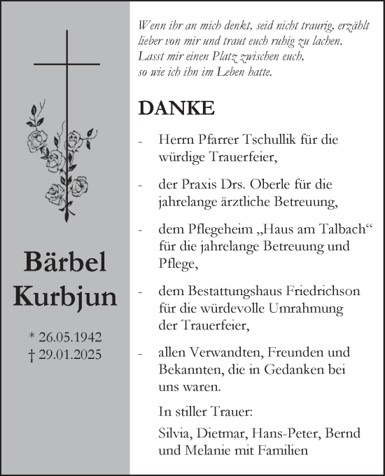 Traueranzeige von Bärbel Kurbjun von Neckar-Chronik