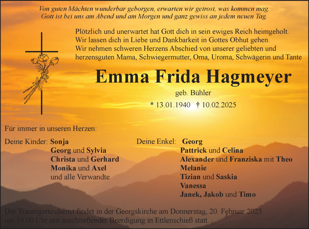  Traueranzeige für Emma Frida Hagmeyer vom 15.02.2025 aus SÜDWEST PRESSE Ausgabe Ulm/Neu-Ulm