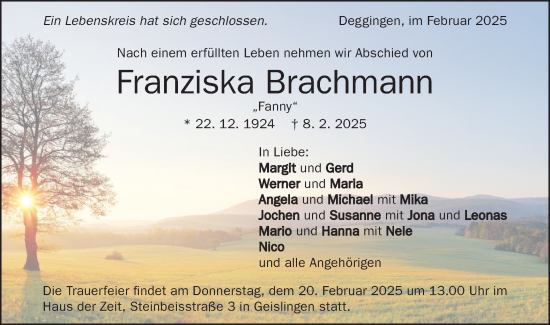 Traueranzeige von Franziska Brachmann von Geislinger Zeitung