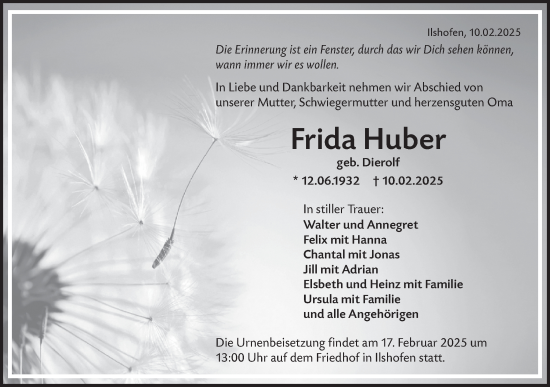 Traueranzeige von Frida Huber von Haller Tagblatt