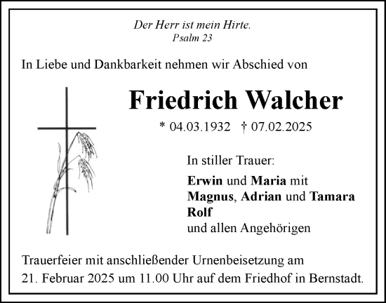 Traueranzeige von Friedrich Walcher von SÜDWEST PRESSE Ausgabe Ulm/Neu-Ulm
