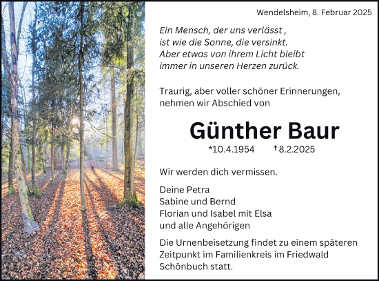 Traueranzeige von Günther Baur von Schwäbische Tagblatt