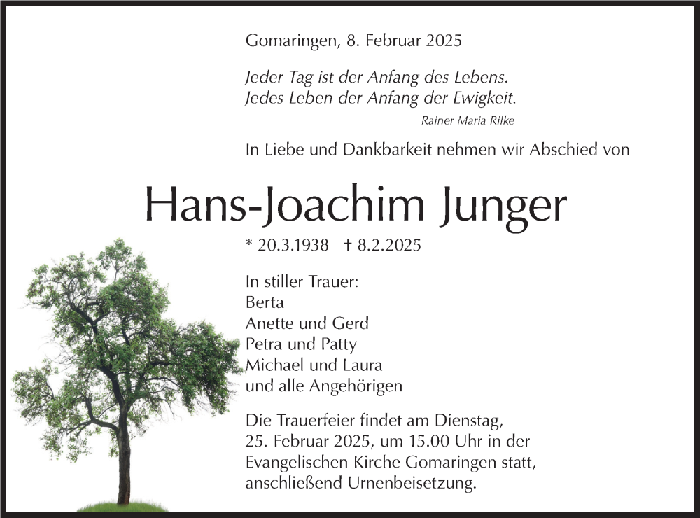  Traueranzeige für Hans-Joachim Junger vom 14.02.2025 aus Schwäbische Tagblatt