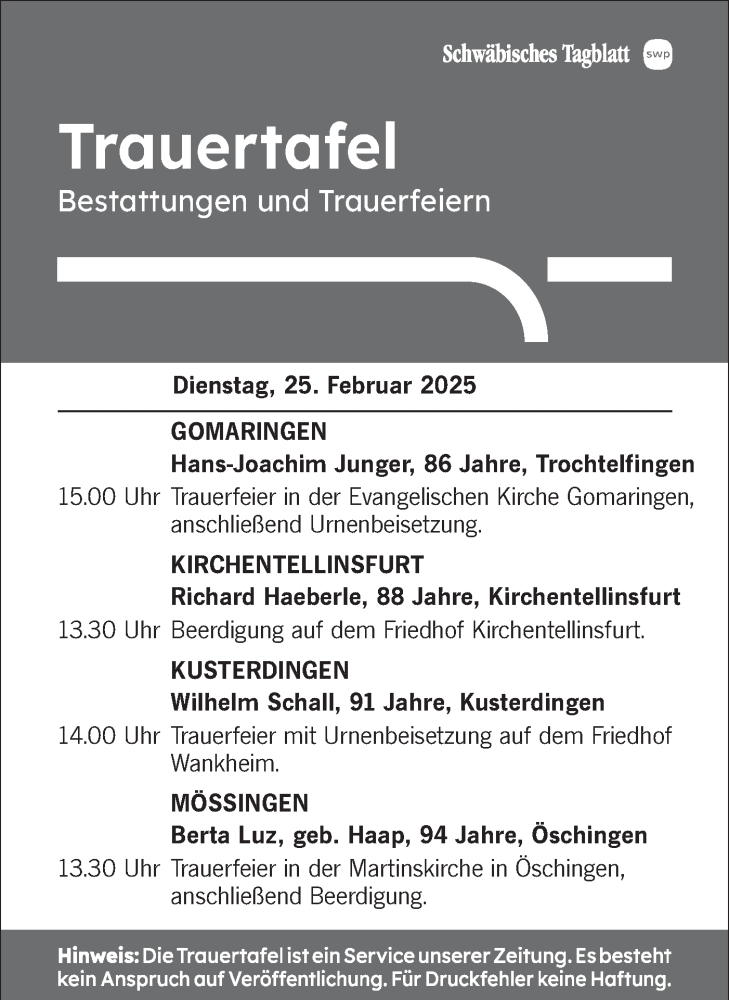  Traueranzeige für Hans-Joachim Junger vom 25.02.2025 aus Schwäbische Tagblatt