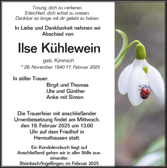 Traueranzeige von Ilse Kühlewein von Haller Tagblatt