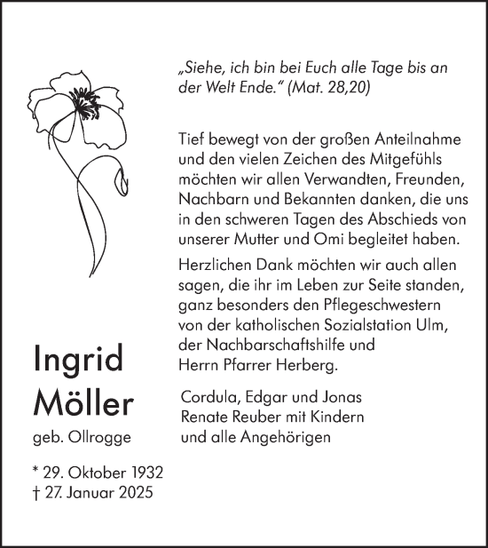 Traueranzeige von Ingrid Möller von SÜDWEST PRESSE Ausgabe Ulm/Neu-Ulm