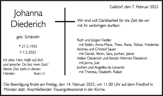 Traueranzeige von Johanna Diederich von Rundschau Gaildorf