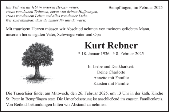 Traueranzeige von Kurt Rebner von Alb-Bote/Metzinger-Uracher Volksblatt