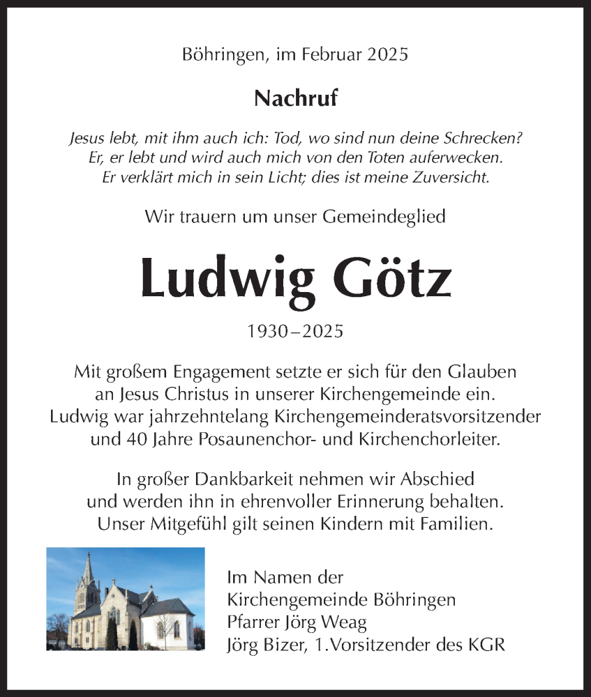  Traueranzeige für Ludwig Götz vom 12.02.2025 aus Alb-Bote/Metzinger-Uracher Volksblatt