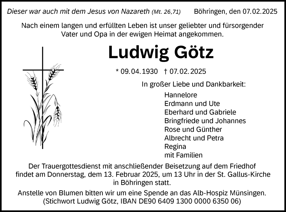  Traueranzeige für Ludwig Götz vom 11.02.2025 aus Alb-Bote/Metzinger-Uracher Volksblatt