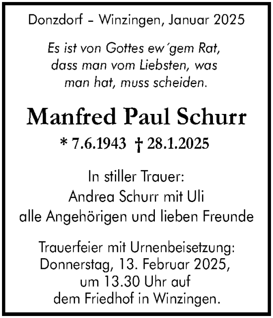 Traueranzeige von Manfred Paul Schurr von NWZ Neue Württembergische Zeitung/Geislinger Zeitung