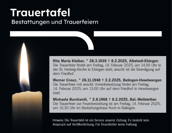 Traueranzeige von Michaela Burchardt von SÜDWEST PRESSE Zollernalbkreis/Hohenzollerische Zeitung