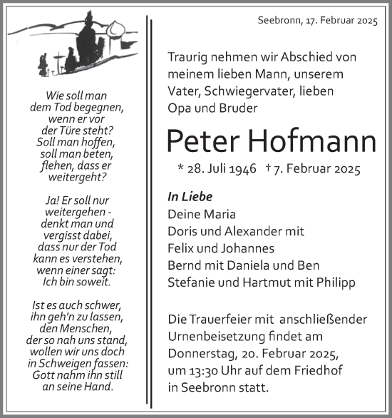 Traueranzeige von Peter Hofmann von Schwäbische Tagblatt