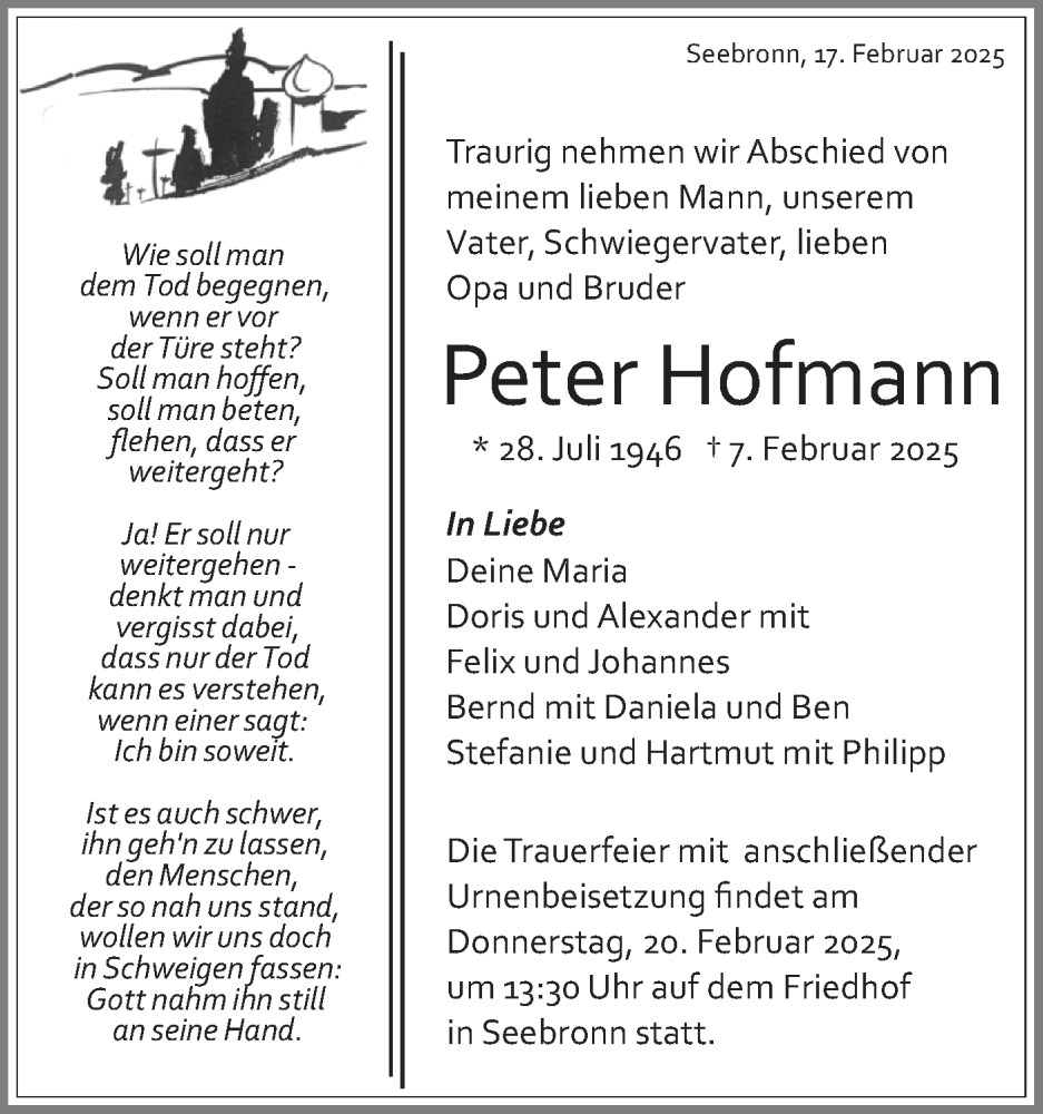  Traueranzeige für Peter Hofmann vom 17.02.2025 aus Schwäbische Tagblatt