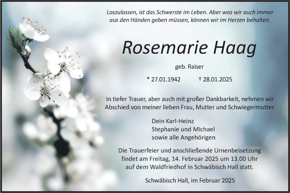  Traueranzeige für Rosemarie Haag vom 01.02.2025 aus Haller Tagblatt