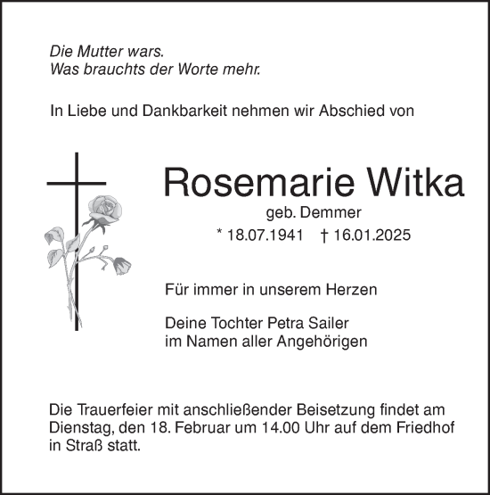 Traueranzeige von Rosemarie Witka von SÜDWEST PRESSE Ausgabe Ulm/Neu-Ulm/Neu-Ulmer Zeitung