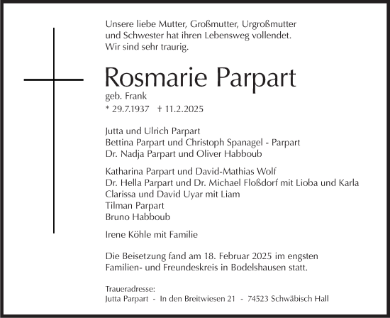 Traueranzeige von Rosmarie Parpart von Schwäbische Tagblatt