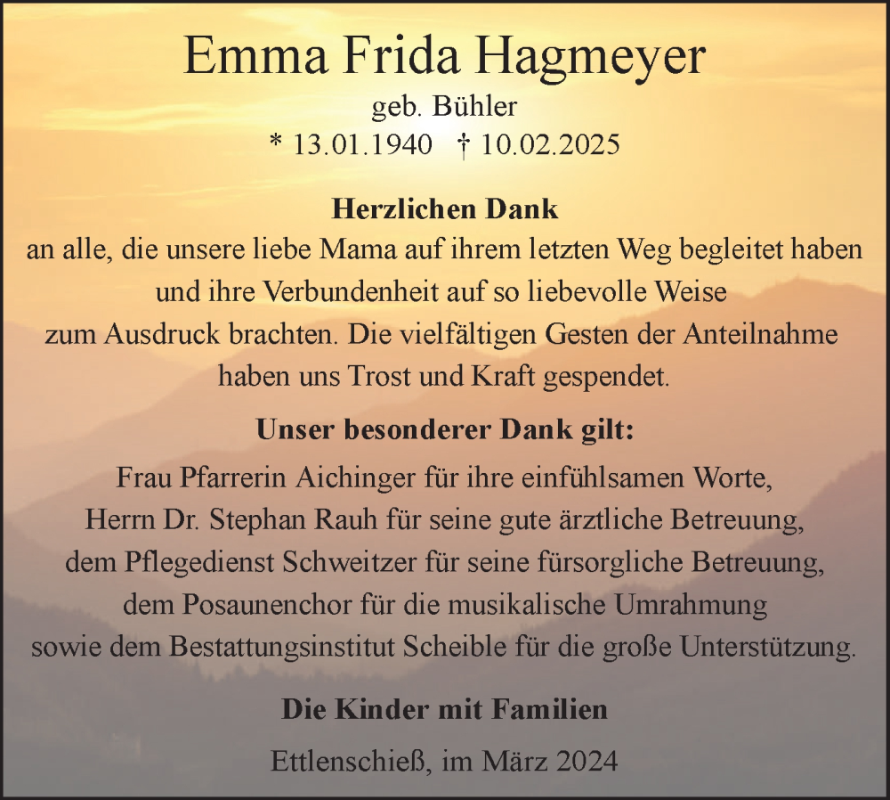  Traueranzeige für Emma Frida Hagmeyer vom 01.03.2025 aus SÜDWEST PRESSE Ausgabe Ulm/Neu-Ulm