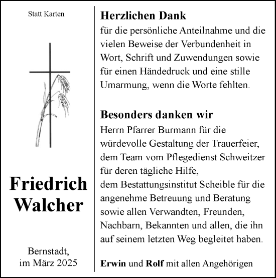 Traueranzeige von Friedrich Walcher von SÜDWEST PRESSE Ausgabe Ulm/Neu-Ulm