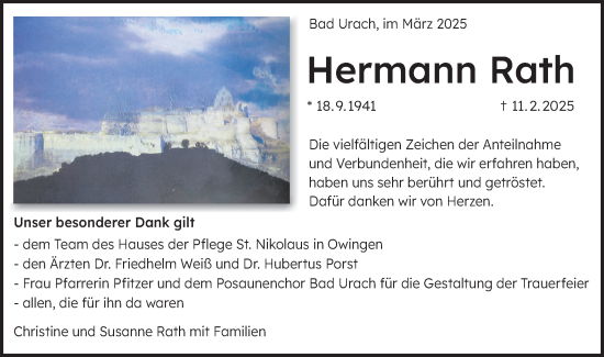 Traueranzeige von Hermann Rath von Alb-Bote/Metzinger-Uracher Volksblatt