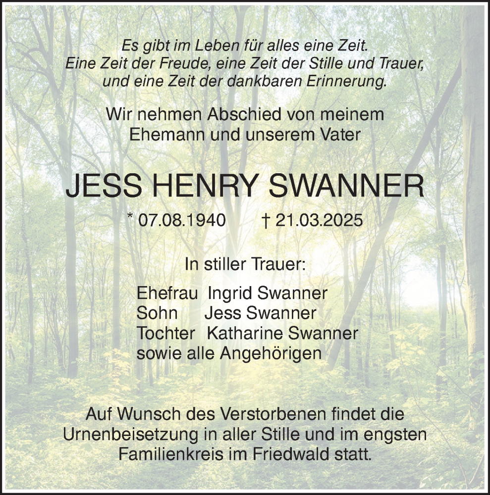  Traueranzeige für Jess Henry Swanner vom 22.03.2025 aus SÜDWEST PRESSE Ausgabe Ulm/Neu-Ulm