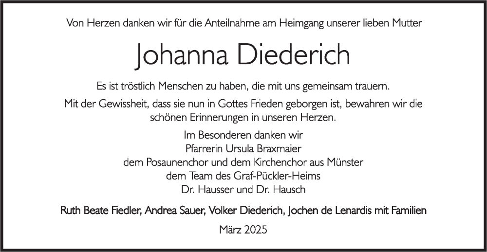  Traueranzeige für Johanna Diederich vom 21.03.2025 aus Rundschau Gaildorf
