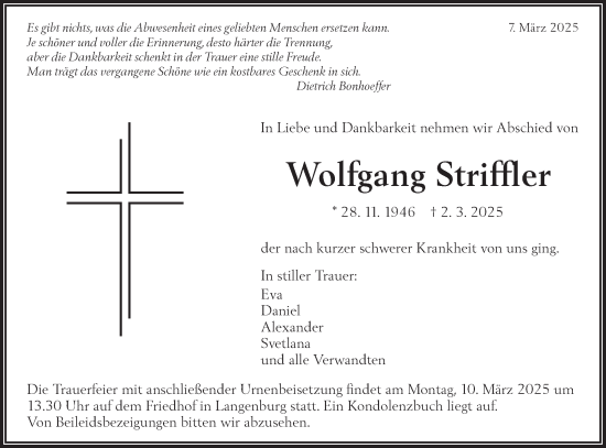 Traueranzeige von Wolfgang Striffler von Hohenloher Tagblatt