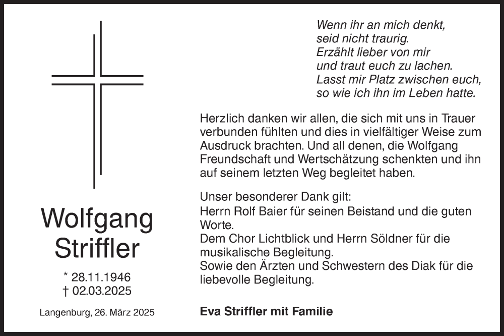  Traueranzeige für Wolfgang Striffler vom 26.03.2025 aus Hohenloher Tagblatt