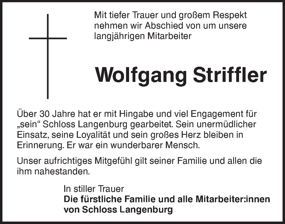 Traueranzeige für Wolfgang Striffler vom 08.03.2025 aus Hohenloher Tagblatt