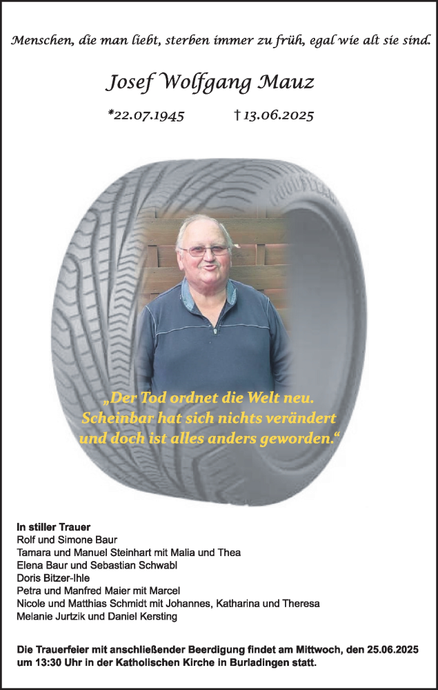  Traueranzeige für Josef Wolfgang Mauz vom 24.06.2025 aus SÜDWEST PRESSE Zollernalbkreis/Hohenzollerische Zeitung