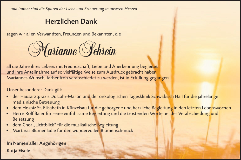  Traueranzeige für Marianne Schrein vom 25.06.2025 aus Hohenloher Tagblatt