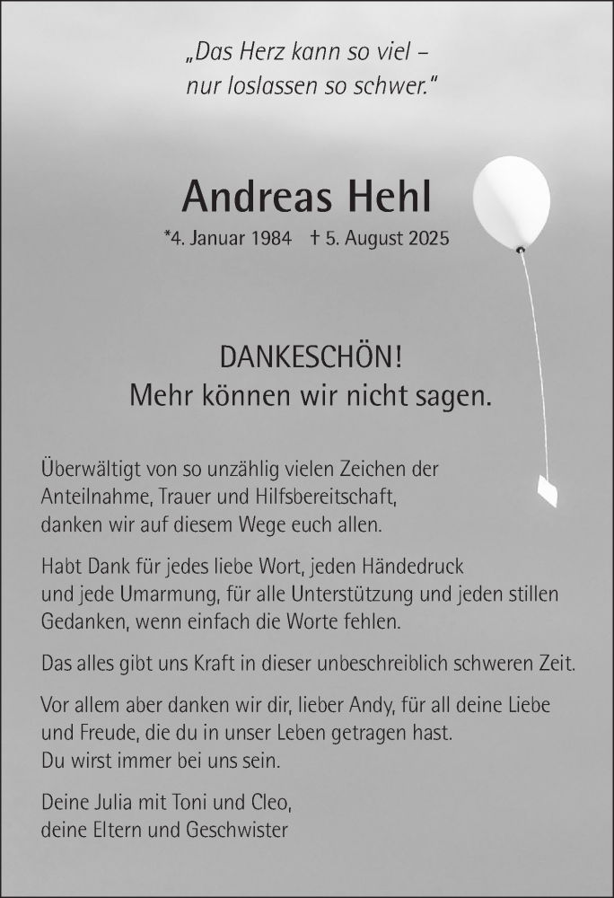  Traueranzeige für Andreas Hehl vom 30.08.2025 aus SÜDWEST PRESSE Ausgabe Ulm/Neu-Ulm
