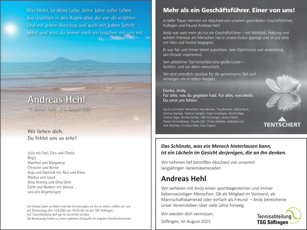  Traueranzeige für Andreas Hehl vom 09.08.2025 aus SÜDWEST PRESSE Ausgabe Ulm/Neu-Ulm