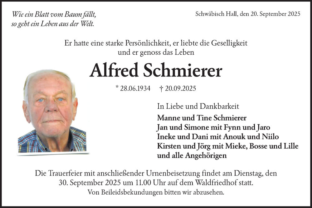  Traueranzeige für Alfred Schmierer vom 27.09.2025 aus Haller Tagblatt