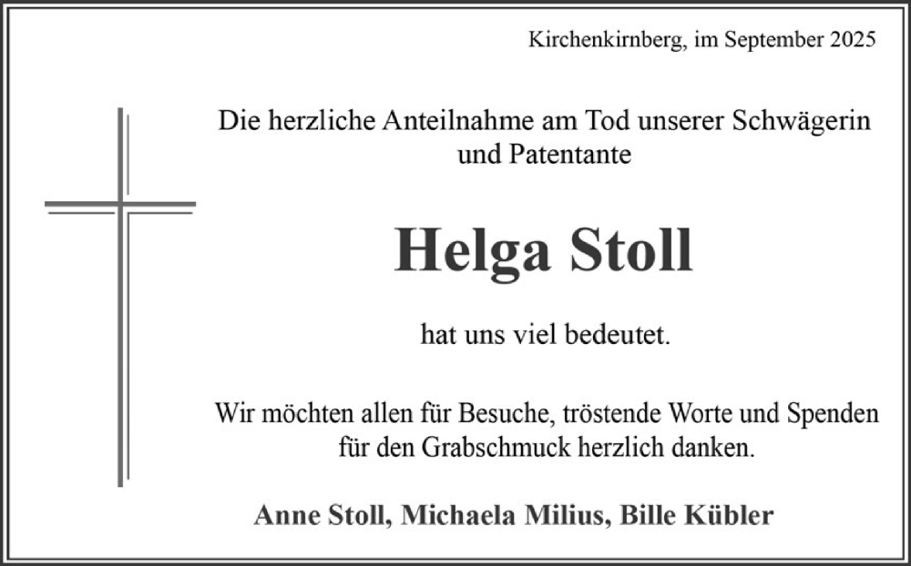  Traueranzeige für Helga Stoll vom 20.09.2025 aus Rundschau Gaildorf