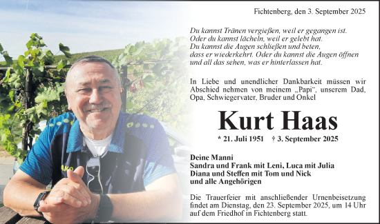 Traueranzeige von Kurt Haas von Rundschau Gaildorf