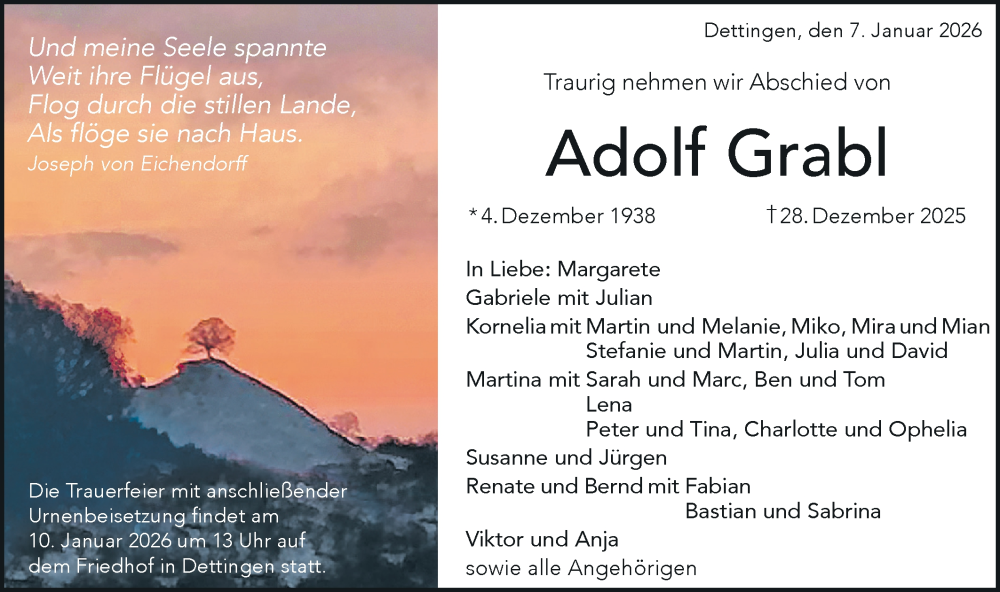  Traueranzeige für Adolf Grabl vom 07.01.2026 aus Alb-Bote/Metzinger-Uracher Volksblatt
