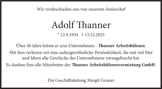 Traueranzeige von Adolf Thanner von SÜDWEST PRESSE Ausgabe Ulm/Neu-Ulm